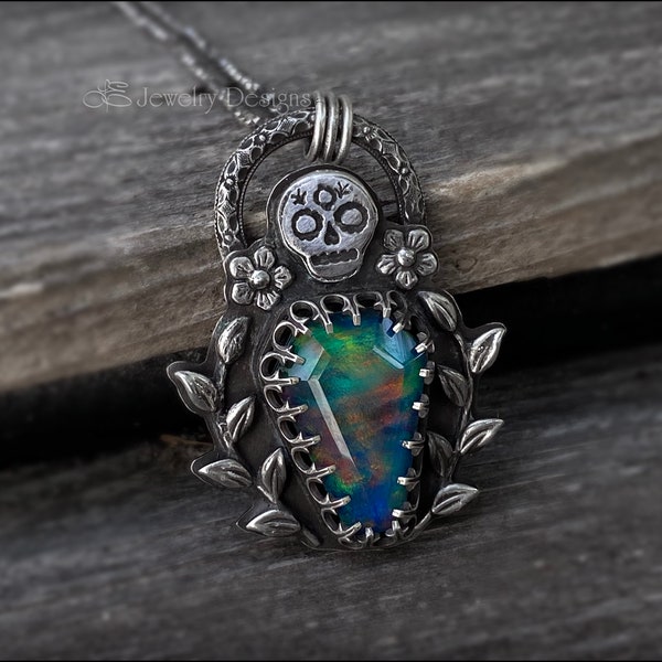 Aurora Opal Coffin & Skull Gravesite Necklace - Sterling Silver, Gothic, Halloween, OOAK Sugar Skull, Flower Unique Artisan Jewelry, Pendant