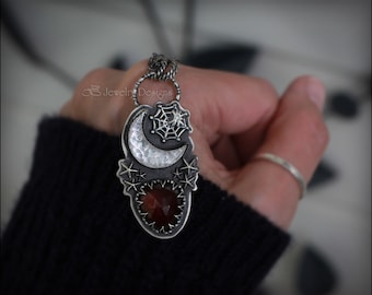 Gothic Sterling Silver Garnet Necklace - MOP Moon, Spider Web Pendant