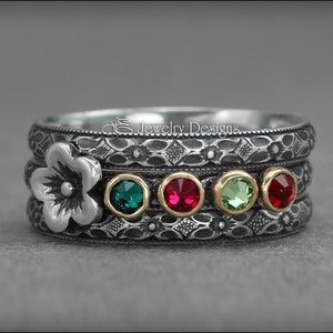 Set med flera födelsestenar - Ring med blommande födelsesten, flerstenar, unik ring för mor, ringar med flera opaler, presenter till mamma, blommig sterling silverring bild 9