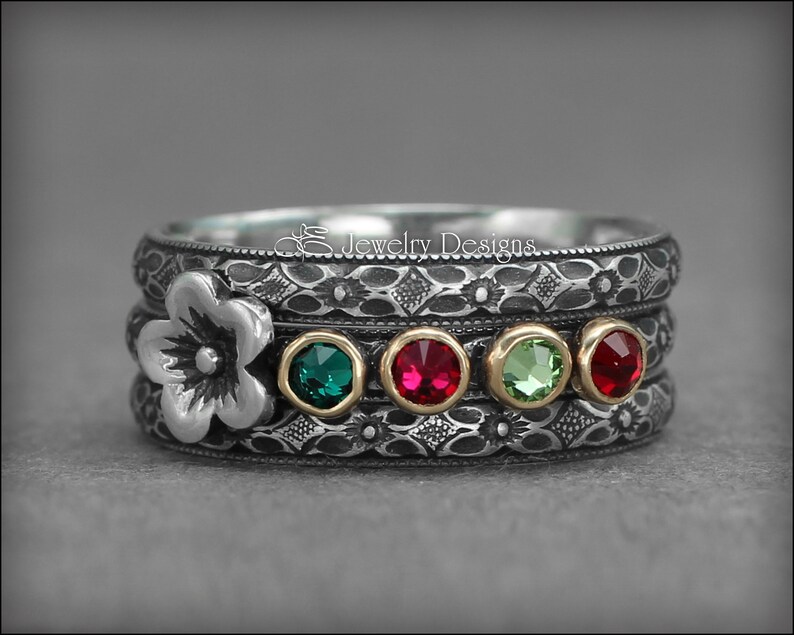 Set med flera födelsestenar - Ring med blommande födelsesten, flerstenar, unik ring för mor, ringar med flera opaler, presenter till mamma, blommig sterling silverring bild 9