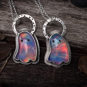 Aurora Opal Ghost Necklace - Sterling Silver Halloween Jewelry, Spooky Jewelry, Unique Artisan Jewelry, Cute Ghostie Pendant, Witchy Opal