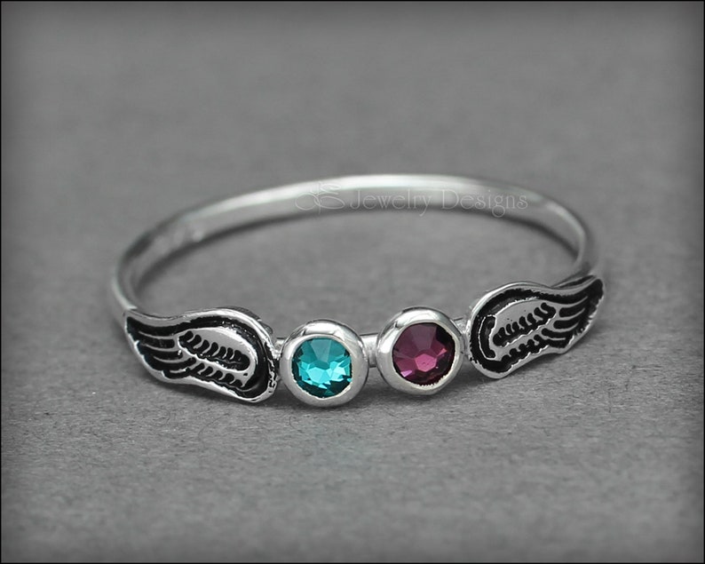 Angel Wings Ring Twin Angel Babies, Angel Baby Ring, In Memoriam, Loss of a Loved One, Double Birthstone Angel Ring, Opal Angel Wings Ring image 8