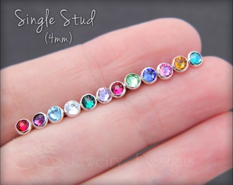 Single 4mm Birthstone Stud - Tiny Birthstone Crystal Stud, Small Birthstone Earring, Individual Birthstone Stud Earring, Birthstone Stud