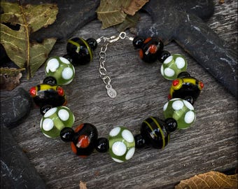Halloween Lampwork Beaded Bracelet - Sterling Silver, Adjustable