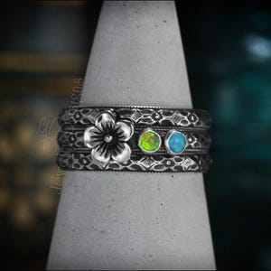 Set med flera födelsestenar - Ring med blommande födelsesten, flerstenar, unik ring för mor, ringar med flera opaler, presenter till mamma, blommig sterling silverring bild 2