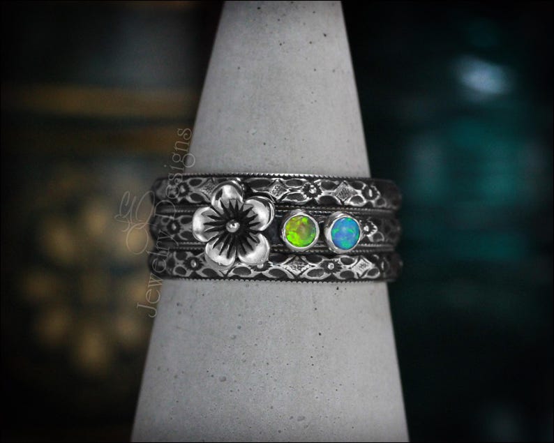 Set med flera födelsestenar - Ring med blommande födelsesten, flerstenar, unik ring för mor, ringar med flera opaler, presenter till mamma, blommig sterling silverring bild 2