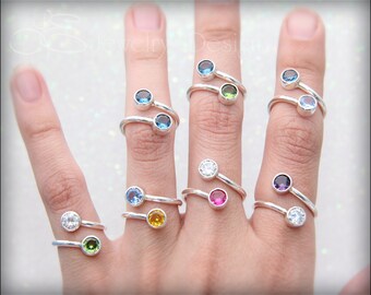 Dual Birthstone Ring - Dual Opal Ring, Mothers Ring, Couples Ring, Dual Gemstone Ring, 2 stones, Sterling Bypass Ring, Silver Birthstone