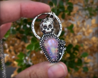 Sterling Silver Aurora Opal Coffin Pendant – Skull & Roses, Gothic Jewelry