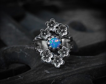 Size 6 - Sterling Silver Cherry Blossom Opal Ring - Ready To Ship, Floral Cluster