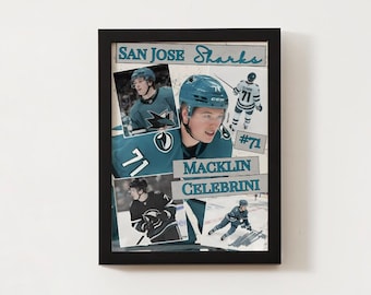 May include: Framed collage featuring San Jose Sharks hockey player Macklin Celebrini. The artwork includes multiple images of the player in action, along with the team name and player's name. The color scheme is teal, black, and white.