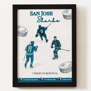 May include: A framed poster featuring the San Jose Sharks with three hockey players in teal jerseys, hockey puck illustrations, and the text San Jose Sharks, #THEFUTUREISTEAL, and player names Macklin Celebrini #71, Michael Misa #77, and Will Smith #2.