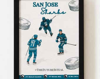 May include: A framed poster featuring the San Jose Sharks with three hockey players in teal jerseys, hockey puck illustrations, and the text San Jose Sharks, #THEFUTUREISTEAL, and player names Macklin Celebrini #71, Michael Misa #77, and Will Smith #2.