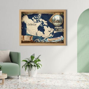 Arte vintage de Canadá, mapa del comercio de pieles, impresión de mapa histórico, decoración rústica de cabaña, arte digital imprimible para pared