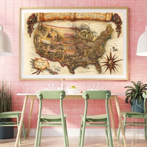 Mapa USA w stylu vintage, plakat z antykami USA, mapa odkrywców USA, sztuka ścienna z geografią, mapa terytorium, wydruk mapy rustykalnej, cyfrowa sztuka ścienna do druku