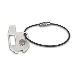 May include: A silver-colored multi-tool keychain with a paw print design. The keychain has a rectangular opening and is attached to a black wire loop with a silver clasp.