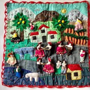 Tapisserie péruvienne vintage Arpillera : décoration murale 3D d&#39;art populaire