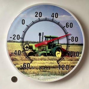 Vintage Round Bios Thermometer, Barn Style Fahrenheit Thermometer, Green Tractor Farming Theme Thermometer, Farm Garage Mancave Thermometer