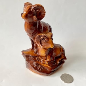 Vintage Sculpture Big Horn Sheep Mountain Goats, Carved and Painted by Artist, Chalkware Ram Figurine, Collectible Animal Sculptures
