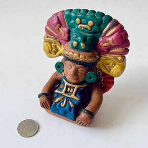 Statua in ceramica azteca messicana d'epoca, statuetta in argilla Maya Inca, divinità azteca in terracotta in stile precolombiano, scultura d'arte popolare messicana