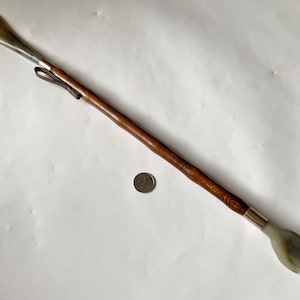 Vintage Italian Shoehorn Backscratcher: Wooden Handle, Green Swirl Celluloid, 21&quot;