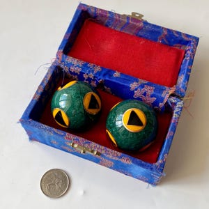 Vintage Chinese Baoding Stress Balls, Vintage Chiming Harmony Balls Green Yellow, Green Chinese Health Balls, Cloisonné Enamel