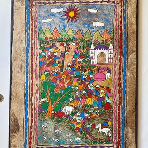 Vintage Mexican Amate Bark Painting: Wedding Fiesta Folk Art