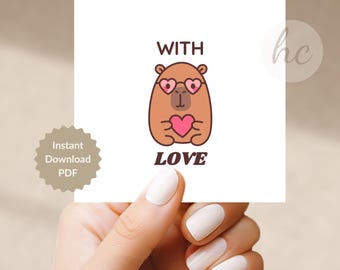 Capybara Valentine Gift Tag Printable – With Love Kids Treat Label, Classroom Party Favor