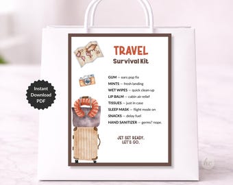 Travel Survival Kit Printable Tag – Vacation Care Package Gift for Travelers