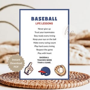 May include: A baseball-themed print with a navy blue border. The print features the word "BASEBALL" in large blue letters, followed by "LIFE LESSONS" in red. Below, a list of baseball-related life lessons is displayed. The print includes baseball-themed illustrations.