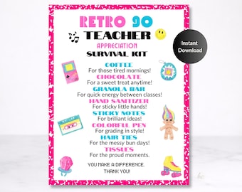 Retro Teacher Survival Kit Printable Tags – 90s Appreciation Gift for Teachers