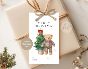 Teddy Bear Christmas Gift Tags Printable | Watercolor Holiday Labels | Instant Download