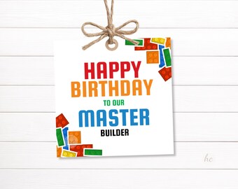 Building Blocks Birthday Tag Printable – Master Builder Party Favor Label, Toy Brick Thank You