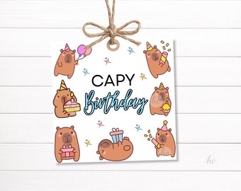 Capybara Birthday Gift Tag Printable Kids Party Favor Animal Theme