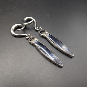 May include: A pair of silver-toned spiral earrings with elongated, teardrop-shaped pendants. The pendants feature a dark blue stone with white marbling, set in a silver metal frame. The earrings are displayed against a dark background.