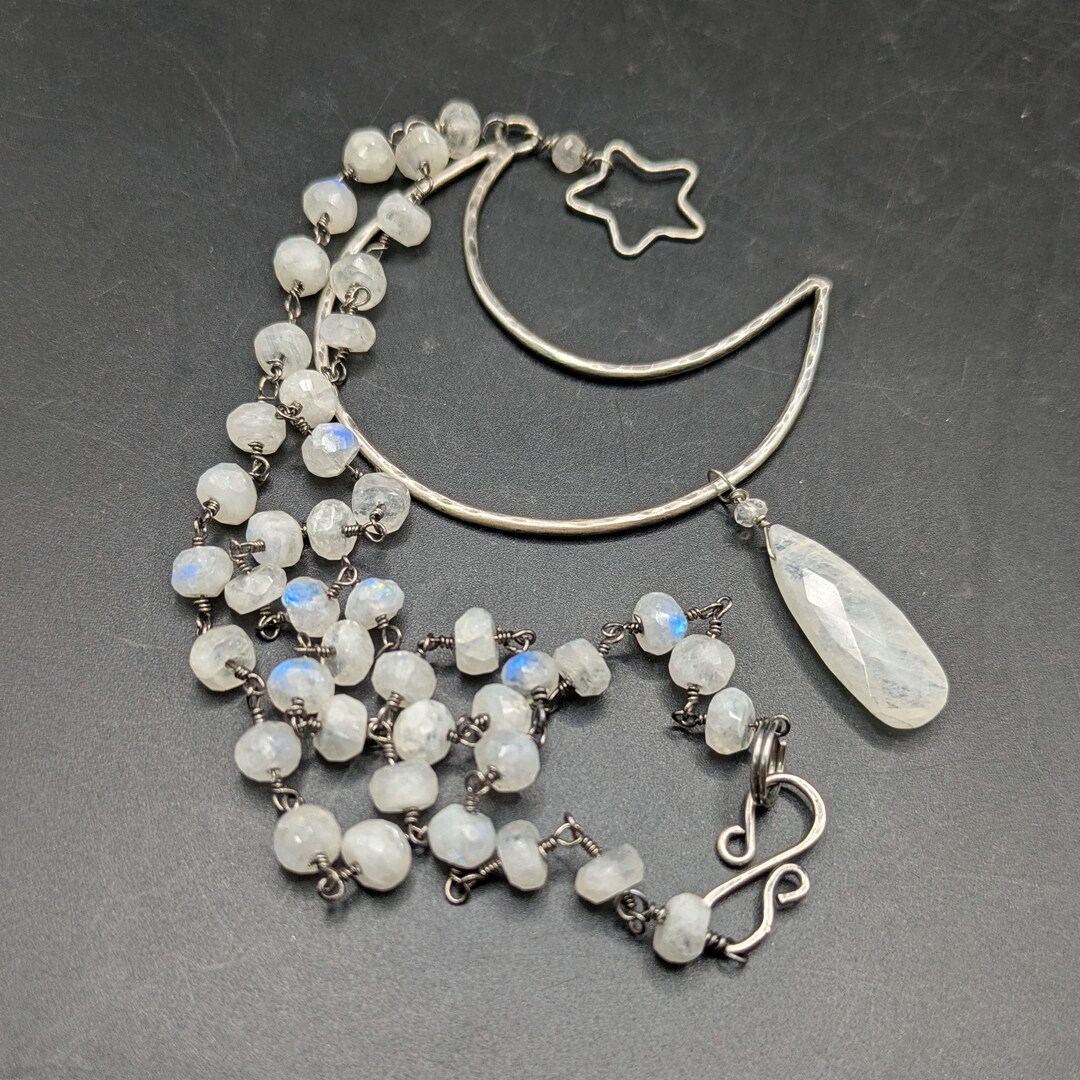 Handmade Sterling Silver Moon & Star Rainbow Moonstone Necklace - One ...