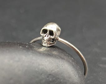 Handmade Sterling Silver Skull Ring - Small 925 Silver Stackable Gothic Skull Ring On Thin Band -  Minimalist Goth Skull Stacking Ring