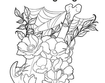 Goblincore Skull Coloring Page Printable, Dark Cottagecore Botanical, Spider Web Nature Coloring Sheet PDF