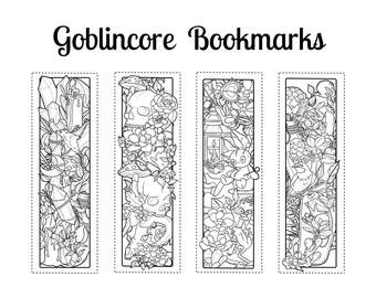 Goblincore Coloring Bookmarks – 4 Printable + PNG Bookmarks | Cottagecore Fantasy Insects & Botanicals | Instant Download