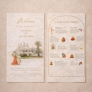 Könnte beinhalten: Hochzeitseinladung mit einer Aquarellillustration eines Paares und eines Tempels. Die Einladung enthält die Namen Aadhil und Manisha, mit dem Text "Welcome" und "A Guide to Our Ceremony."