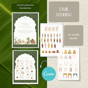 Peut inclure: Ensemble de graphiques et de modèles sur le thème du mariage tamoul. Comprend des modèles d'invitation avec des cadres en arc ornés, des illustrations d'éléphants et de temples, et un guide de la cérémonie. Comprend également des autocollants et des icônes.
