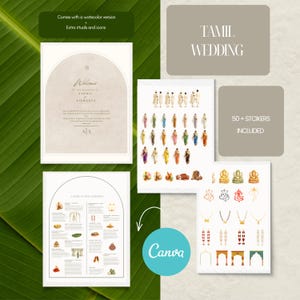 May include: A collection of Tamil wedding-themed stationery and stickers. The set includes welcome cards, ceremony guides, and sticker sheets with illustrations of wedding attire, rituals, and icons. The text "TAMIL WEDDING" is displayed on a gray background.