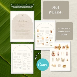 Peut inclure: Ensemble de papeterie de mariage Sikh, comprenant des panneaux de bienvenue, des guides de cérémonie et des autocollants. Les designs présentent des versions aquarelle et croquis. Le texte comprend "Welcome" et "Sikh Wedding". Le logo Canva est également visible.