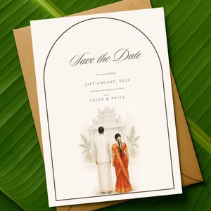 May include: A wedding invitation card with the words "Save the Date" in a decorative font. The card includes an illustration of a couple in traditional clothing, the date 21st August, 2025, and the names Arjun & Priya. The card is on a green leaf.