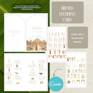 May include: A bifold wedding card with watercolour illustrations. The card features a welcome message and a detailed guide for a traditional ceremony. The design includes illustrations of wedding elements and figures. The text "Bifold Wedding Card" is displayed.