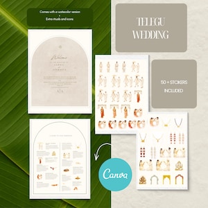 May include: A wedding stationery set featuring a welcome sign, ceremony guide, and sticker sheets. The set includes watercolor versions, extra rituals, and icons. The text "TELEGU WEDDING" is displayed. The set includes over 50 stickers.