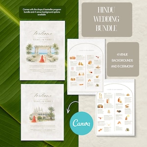 May include: A Hindu Wedding Bundle featuring welcome cards, ceremony guides, and venue backgrounds. The welcome cards have watercolour illustrations of wedding scenes. The guides detail ceremony elements. Includes Canva templates.