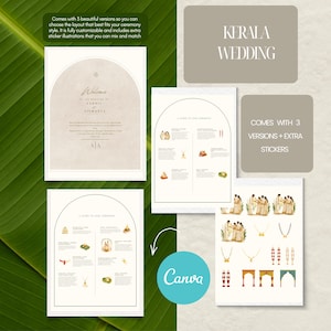 Pode incluir: Um conjunto de modelos de papelaria de casamento com o tema Kerala. O design inclui layouts de convites, guias de cerimônia e ilustrações de adesivos. O texto inclui "Welcome" e "Kerala Wedding". Os modelos são personalizáveis.