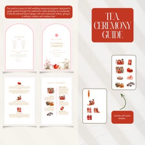 Puede incluir: Un programa de ceremonia de boda plegable de lujo con un diseño refinado. El programa presenta una acuarela suave e incluye una guía de ceremonia del té y pegatinas adicionales. El diseño incluye una tetera roja y flores de cerezo.