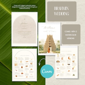 Pode incluir: Uma coleção de artigos de papelaria para casamentos brâmanes, incluindo placas de boas-vindas e guias de cerimônia. Os designs apresentam ilustrações em aquarela e texto. O texto inclui "Welcome" e "Brahmin Wedding". O logotipo da Canva também é visível.