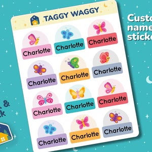 Waterproof Stickers - Dishwasher Safe Labels - School Supply Stickers - Daycare Labels - Custom Name Stickers -Medium Labels-Butterfly Style